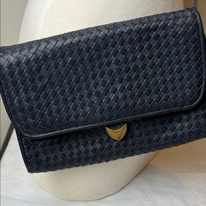 Ganson Navy Woven Leather Crossbody Clutch Gold Hardware